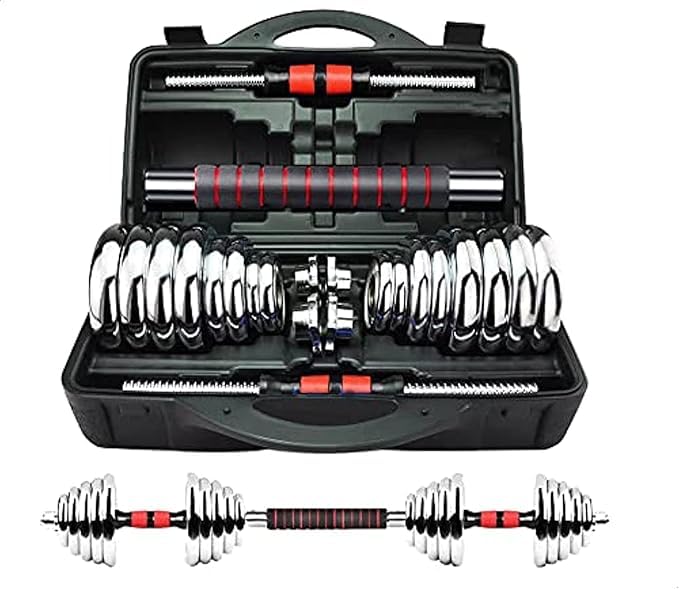 TRUE FIT® Ultimate Pro 2-in-1 Chrome Steel Adjustable Dumbbell Set with Premium Chrome Carrying Case with Connector Bar-Converts in Seconds from Pair Dumbbell to Bar for Strength Training(Silver,15KG)