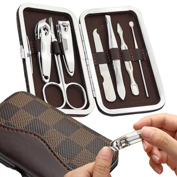 Stainless Steel Manicure Set and Pedicure Set,Professional Men and Women-7 in 1 nail clippers set-gold mix brown case