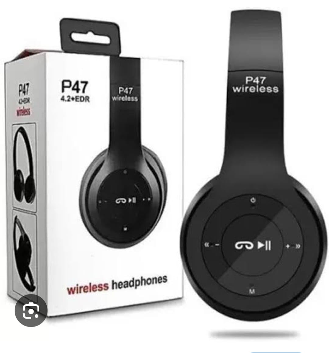 P47 Wireless Bluetooth Headphones, Deep Bass Sound, Foldable Design with Built-in Mic, Black