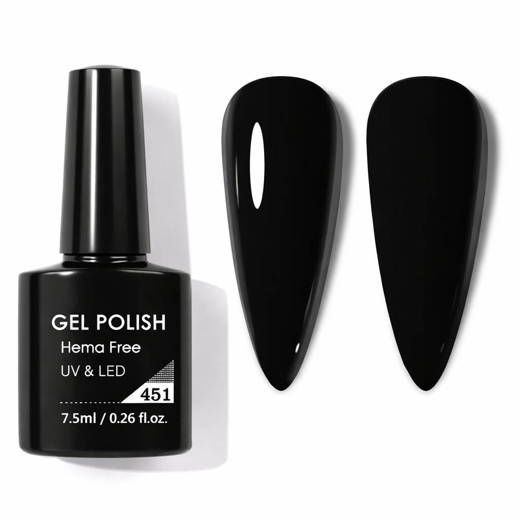 Black Gel Nail Polish Soak Off UV LED, Deep Solid Black Color, Smooth High Coverage Formula, Long Wearing Manicure Gel, Easy Application for Nail Art & Salon Use, 7.5ml (Shade 451)