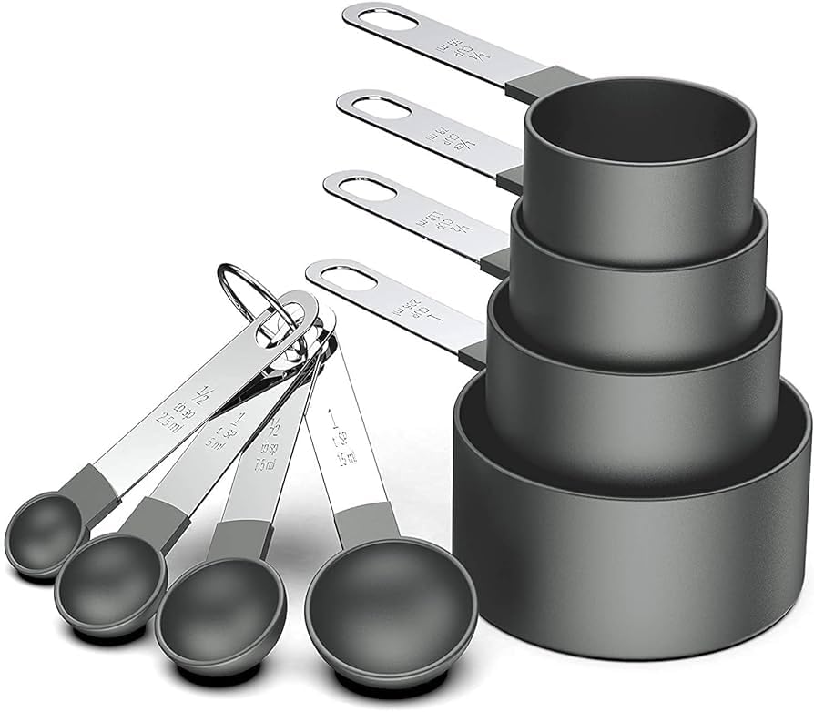 Downtown 8-Piece High-Quality Measuring Cup and Spoon Set with Metal Handles, Grey Kitchen Tools for Baking, Includes 4 Measuring Cups and 4 Spoons for Precise Liquid and Dry Measure