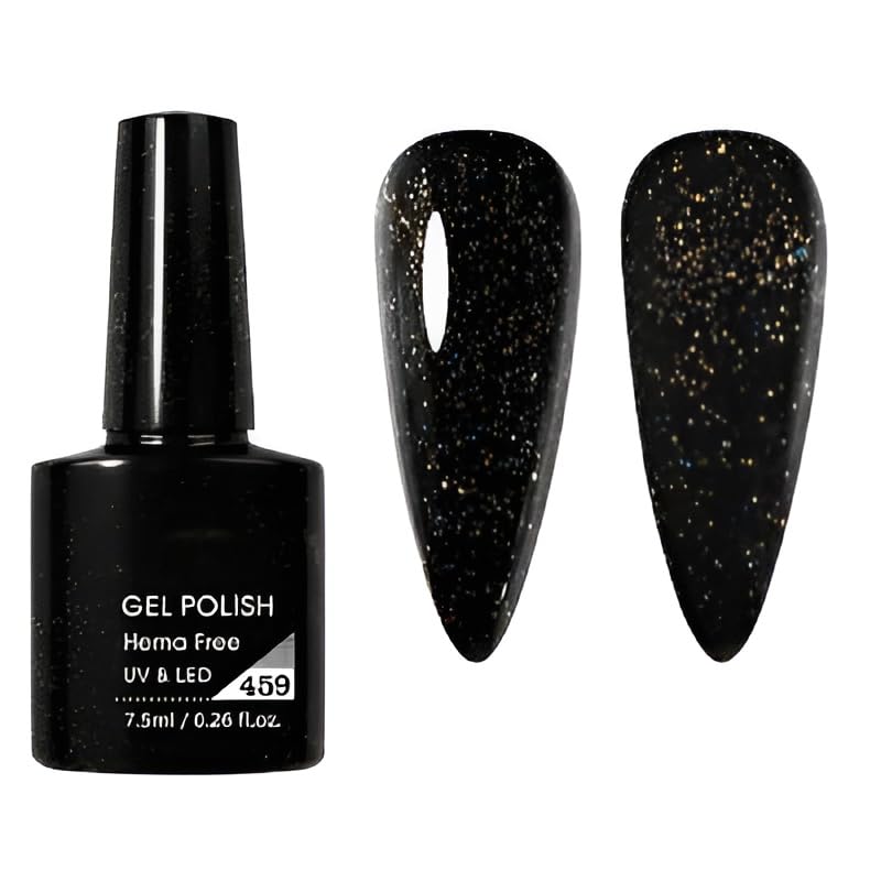 Gel Nail Polish Soak Off UV LED, Galaxy Black Glitter Color, Deep Black Base with Gold Sparkle Effect, Long Lasting High Shine Manicure Gel, Smooth Full Coverage, 7.5ml (Shade 459)