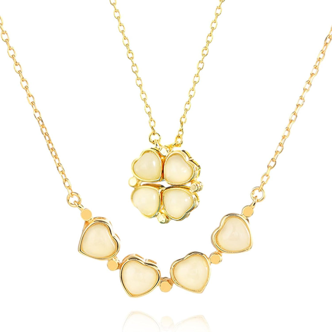 Julia Store 2 in 1 18K God Plated Stainless Steel Lucky Four Leaf Flower Jade Pendant Necklace Magic Heart Shaped Pendant Foldable Necklace Birthday Gift for Women