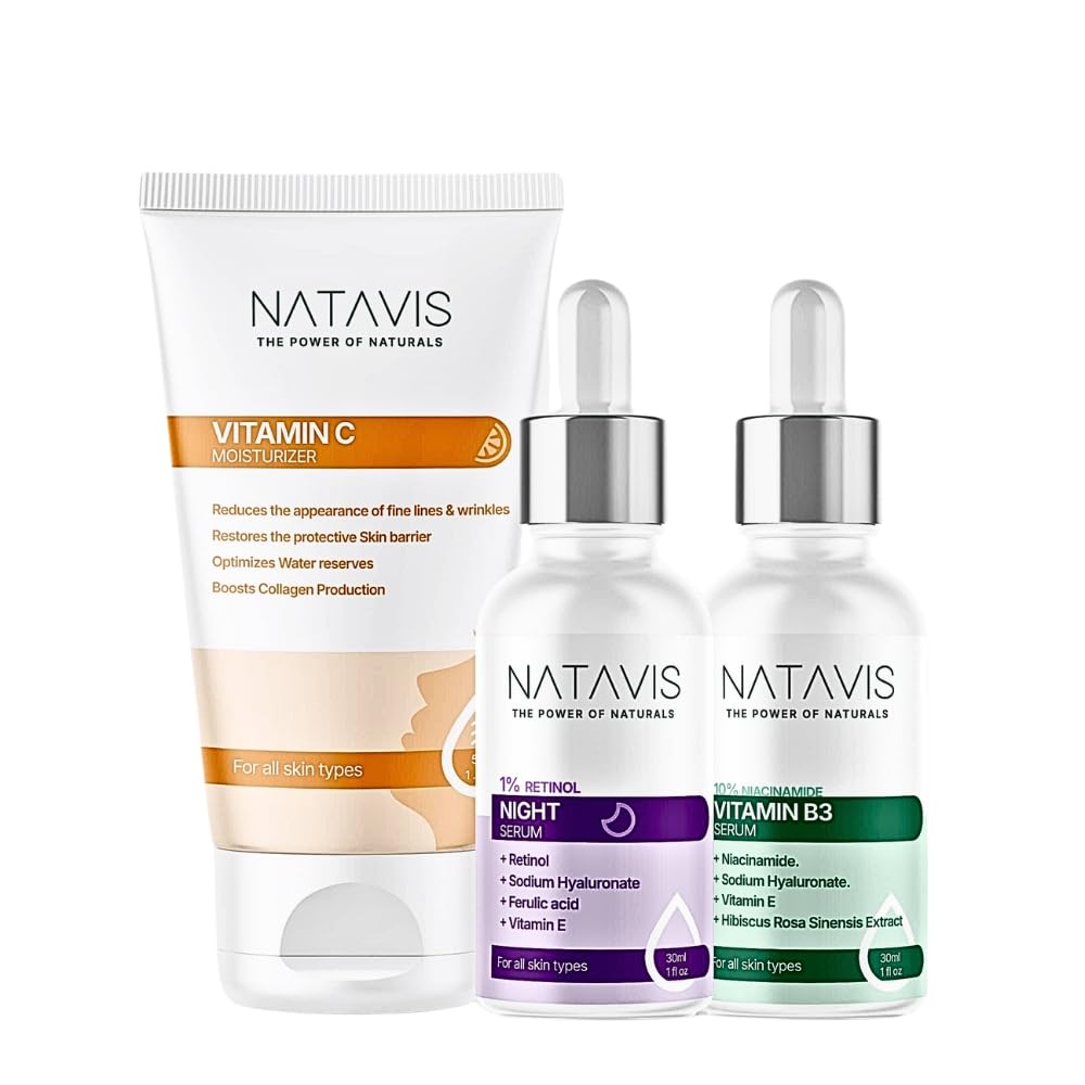 Natavis Retinol serum 30 ml + 10% Niacinamide Vitamin B3 Serum 30 ml + Vitamin C Moisturizer 50 ml - Reduction Fine Lines & Wrinkles - Hydration - Acne Treatment Skincare Routine