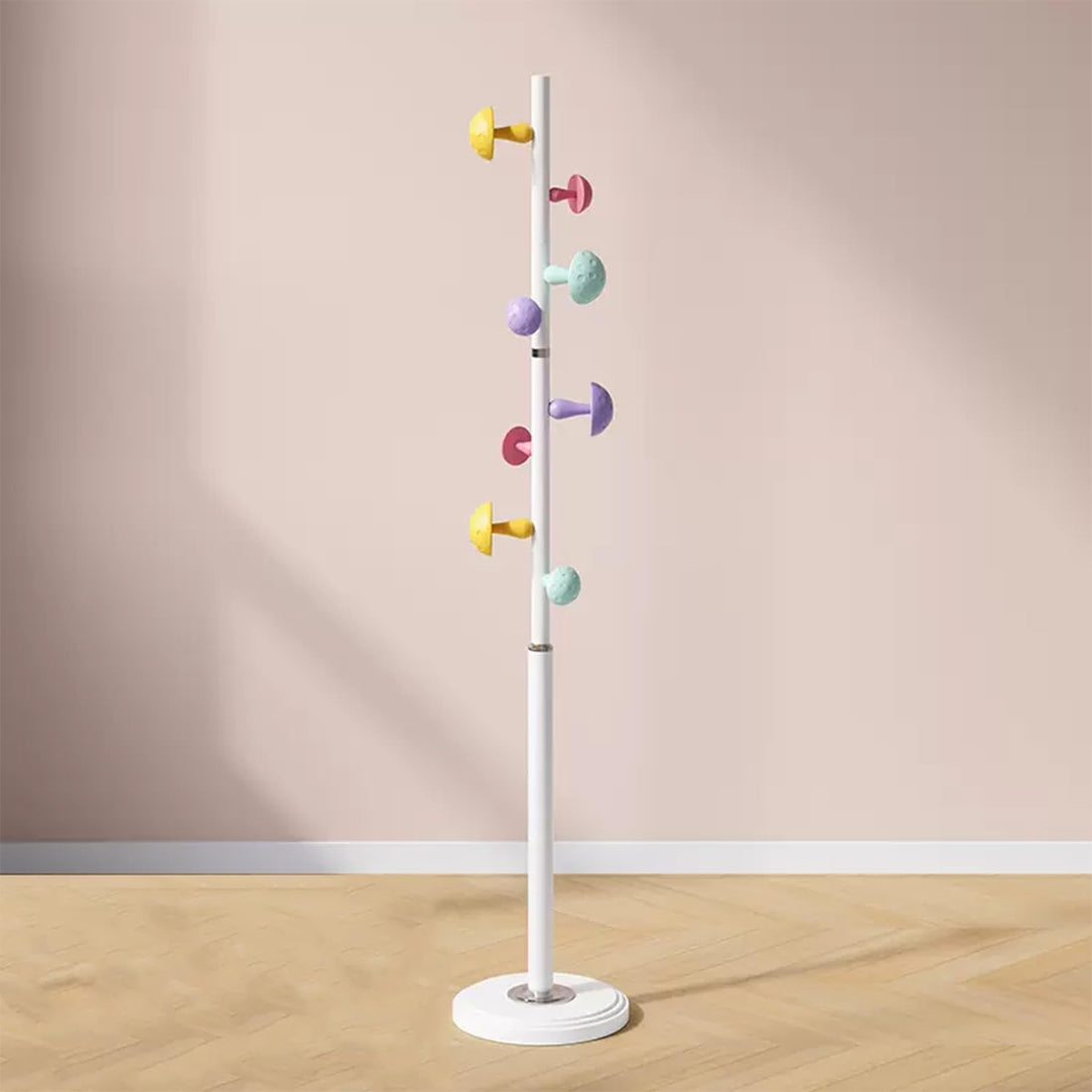 Metal Coat Rack Stand with Mushroom Hooks and 12'' Width Resin Base, Coat Rack Freestanding, Coat Tree, Children's Clothes Hanger Floor-standing, Bag Bracket for Home Entry-way, 68''H White