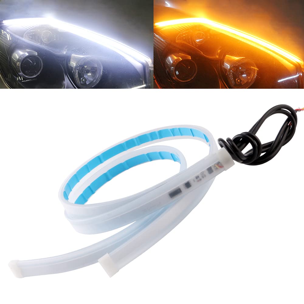 Qasim 45cm Flexible Car DRL LED Strip Daytime Running Lights with 17.7inch Sequential Guide Turning Signal Light for Car Motorcycles White&Yellow,2-Pack