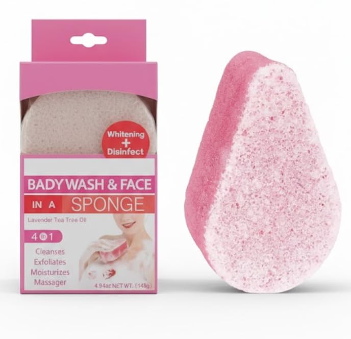 Sponge Anti Body Wash AND FACE -4 * 1 CLEANSES,EXFOLIATES, MOISTURIZES. MASSAGER -LAVENDER TEA TREE OiI-WHITENNING AND DIDINFECTL-140G- 1 Count-PINK