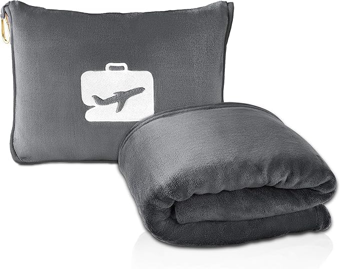 Moro Moro 3 Travel Blanket & Pillow - Premium Soft Airplane Blanket 2 in 1 with Soft Bag, Pillow Case, Handbag and Backpack Clip (Grey)