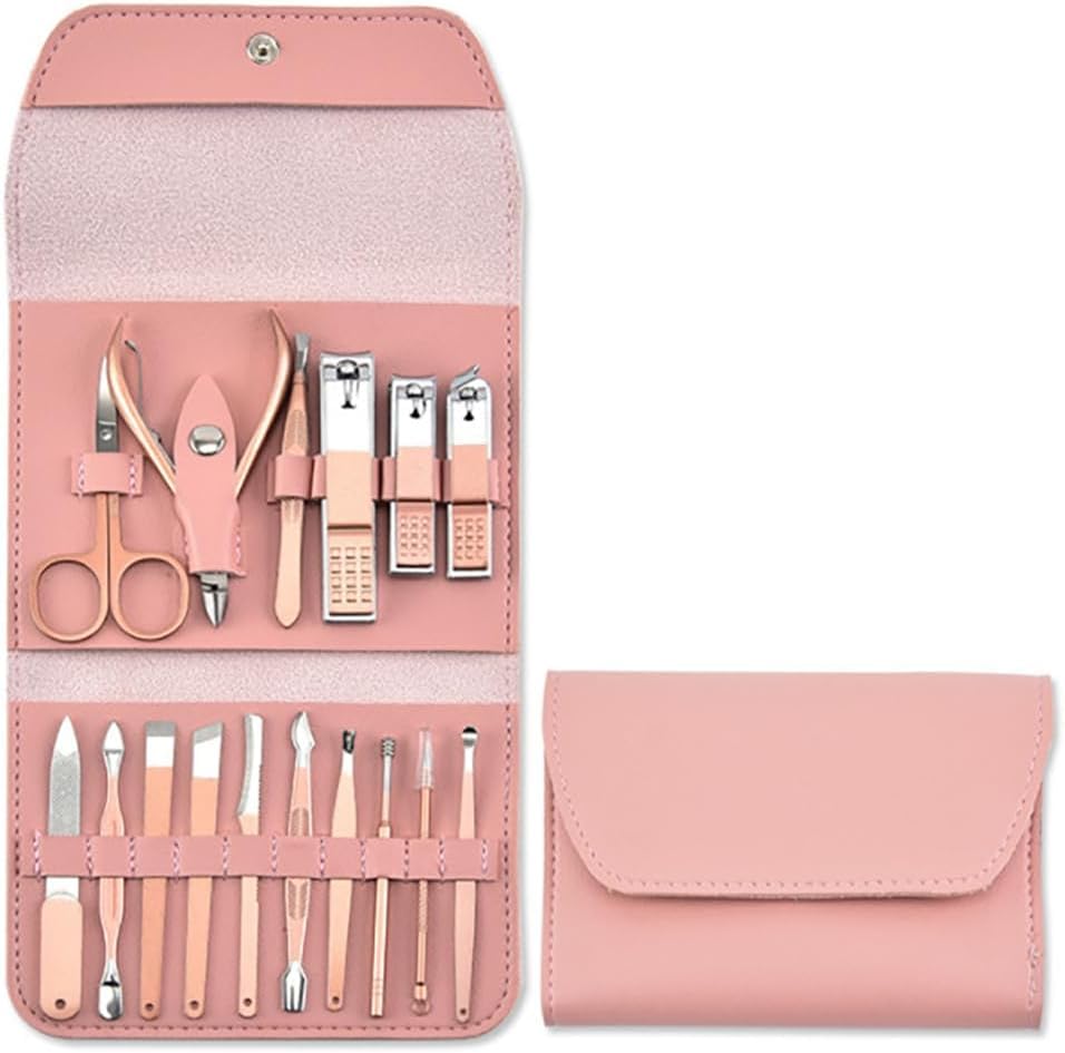 Circle M Nail Clippers Kit, 16-Piece Professional Set with Scissors/Tweezers/Cuticle Trimmer, Stainless Steel Travel Case, Pink