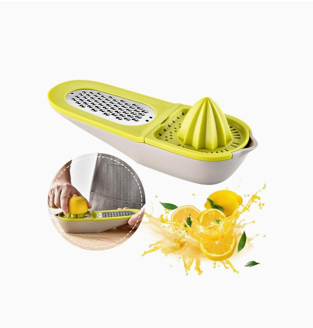 2 In1 Manual Juicer Multifunction Orange Lemon Squeezer Kitchen Grater Minced Garlic kitchen tool for citrus. One end features a citrus juicer reamer and the other end has a grater for zesting