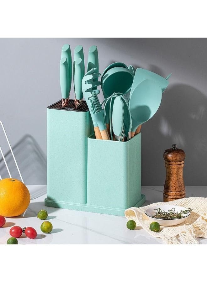 Silicone Kitchen Utensils Set with Wooden Handles, Mint Green, 19-Piece with Holder, Heat-Resistant