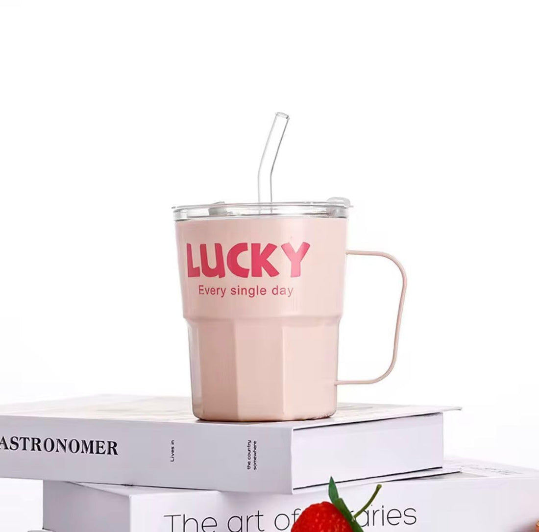 Glass Cup with Plastic Handle and Straw Simple Design for Office Outdoor Hot and Cold Drinks (Pink)