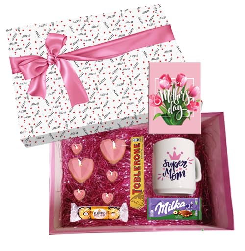 Mother's Day Gift Hamper Box with Super Mom Mug, Toblerone, Milka, Ferrero Rocher, Heart Chocolates and Greeting Card