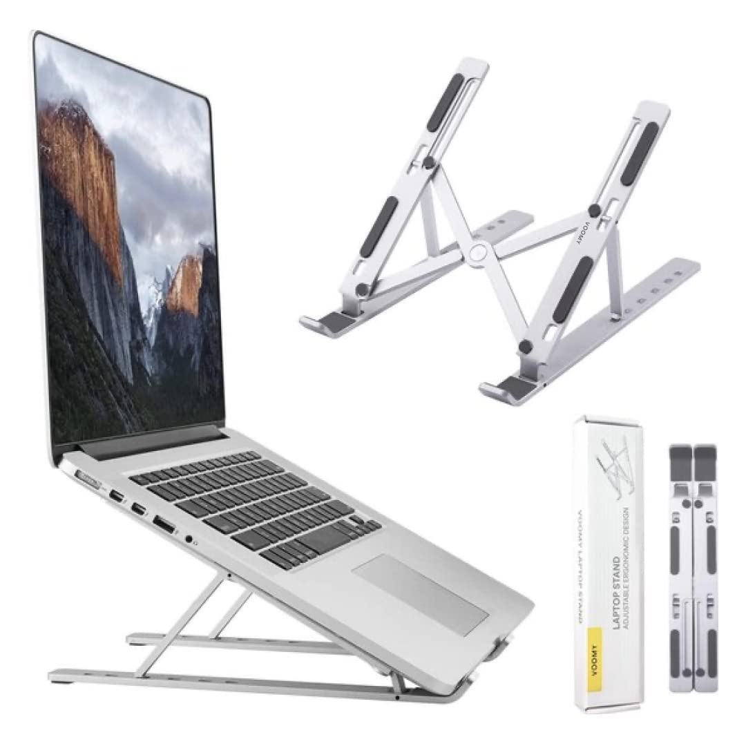 Voomy 6-Level Height Adjustable Foldable Laptop Stand, Compatible with MacBook, HP, Lenovo, All 9-16 Inch Laptops & Tablets, Silver