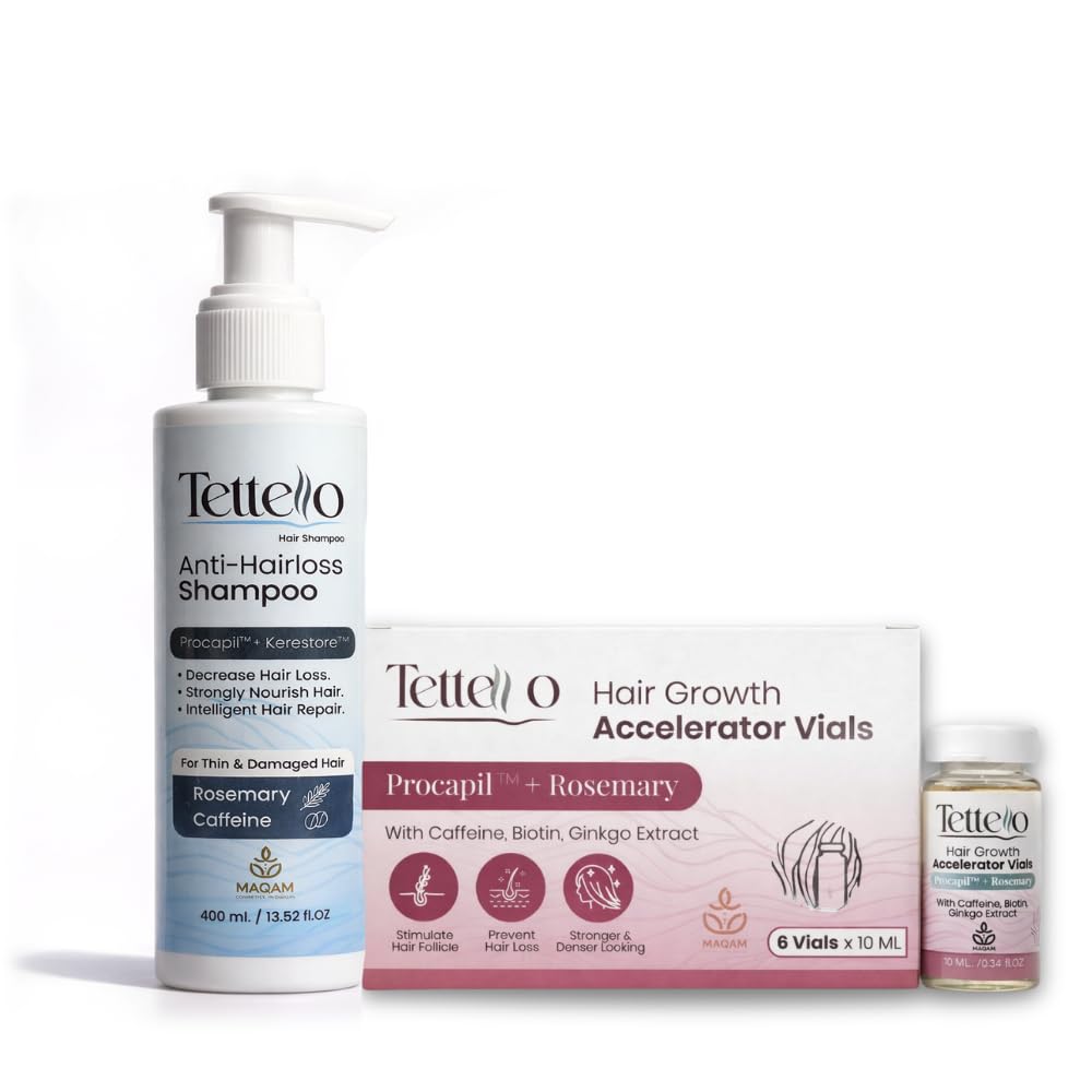 Tettello Revitalizing Hair & Scalp Support System This premium care set uses Procapil, Rosemary, & Caffeine to nourish the scalp & promote the appearance of thicker, fuller, and more resilient hair.