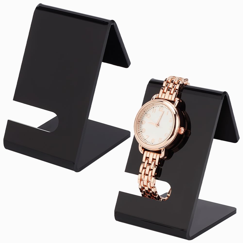 BEST MEDIA 2-Piece Black Acrylic Watch Display Stands, a Single Watch Holder and Jewelry Rack Showcase for Bracelets for home or retail- 6x4-5x7 cm - Modern - 2-Piece Set - Black