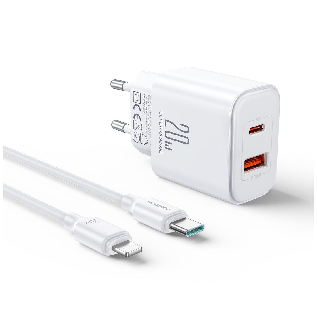 Joyroom JR-TCF05 Flash Series EU 20WA USB C/USB A Dual-Port Charger with Cable, 1 Meter Length, White
