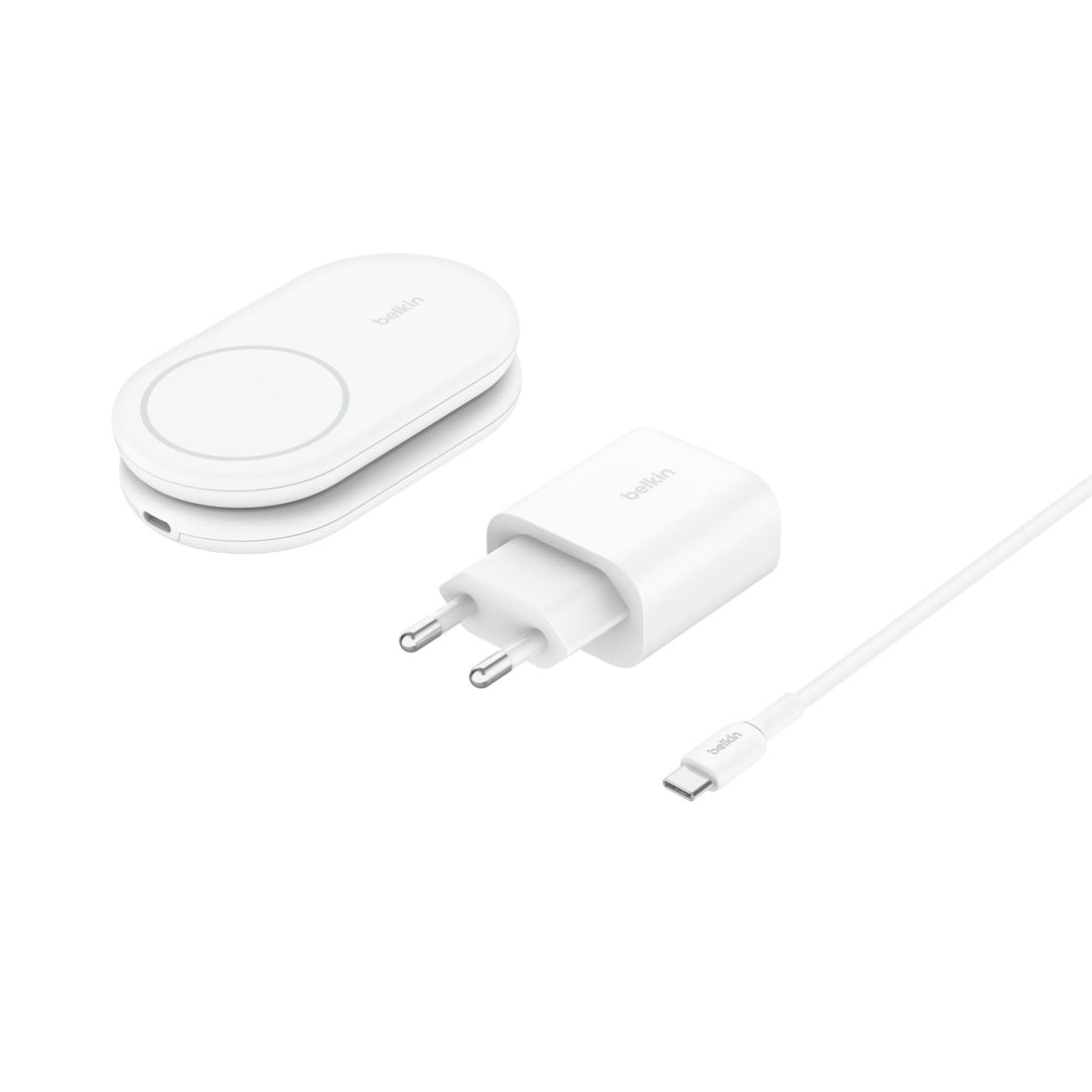 Belkin BoostCharge Magnetic Foldable Qi2 Charger 2 in 1 Power 15W MagSafe Compatible Wireless Charger for Apple iPhone 16/15/14/13 with Non-slip Base, Power Supply Included - White