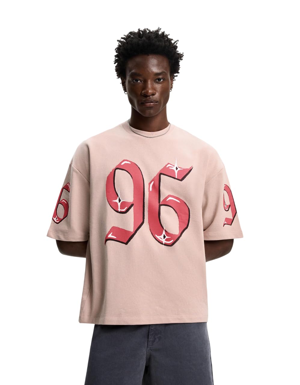 Bershka Cotton Short Sleeve Plush T-Shirt, Pink, XXS-XL, Regular Fit, Casual, Crew Neck