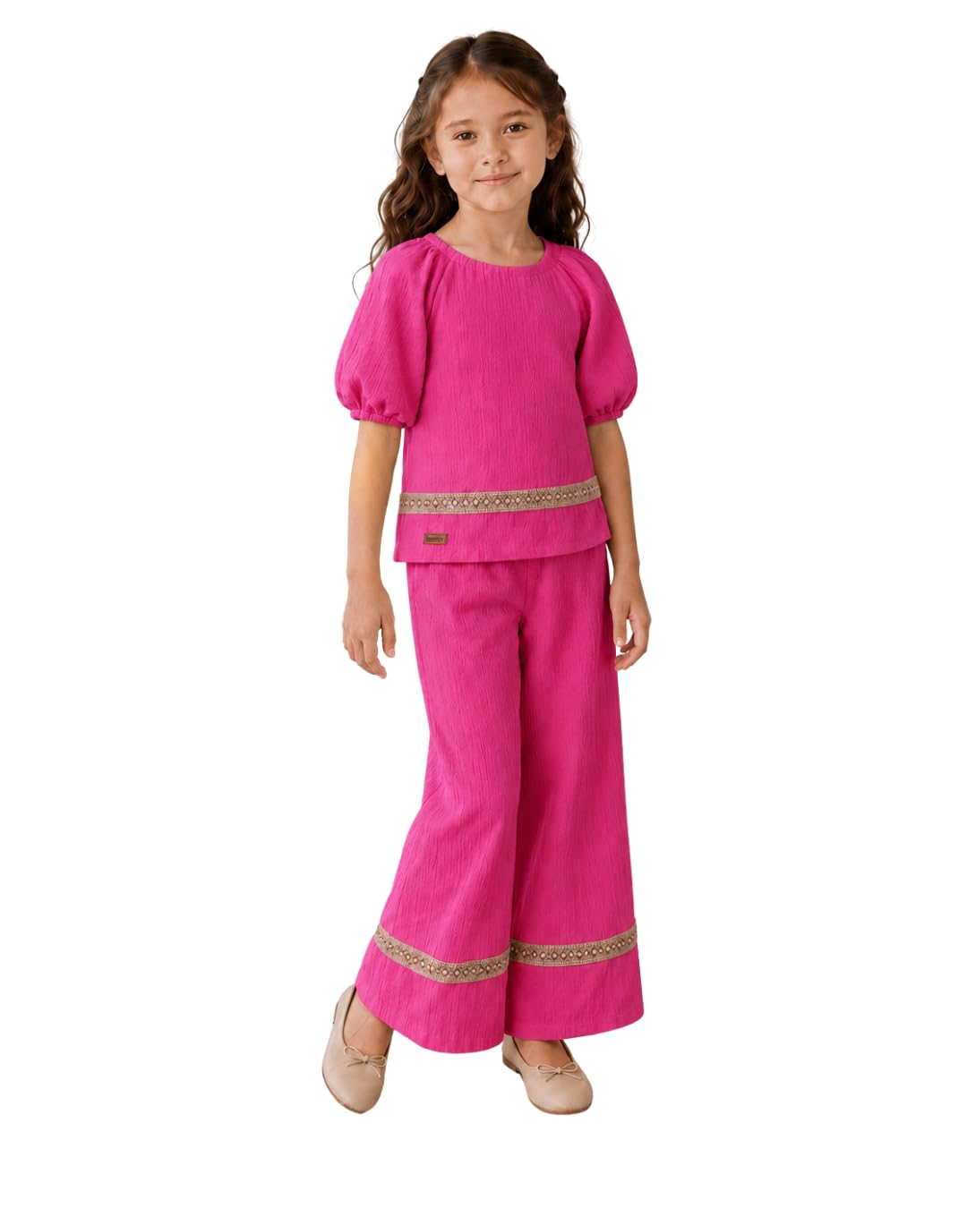 Wonder trim Set Girls' Puff Sleeve Top and Wide-Leg Trouser Set, Embroidered Trim, Red, White, Yellow, blue, dark green and fushia
