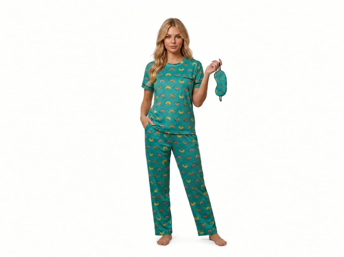 Women Summer 2 Piece Pajama Set (T-shirt and Pants) Soft Patterns Comfortable Everyday Wear with Stylish Sleep Glasses