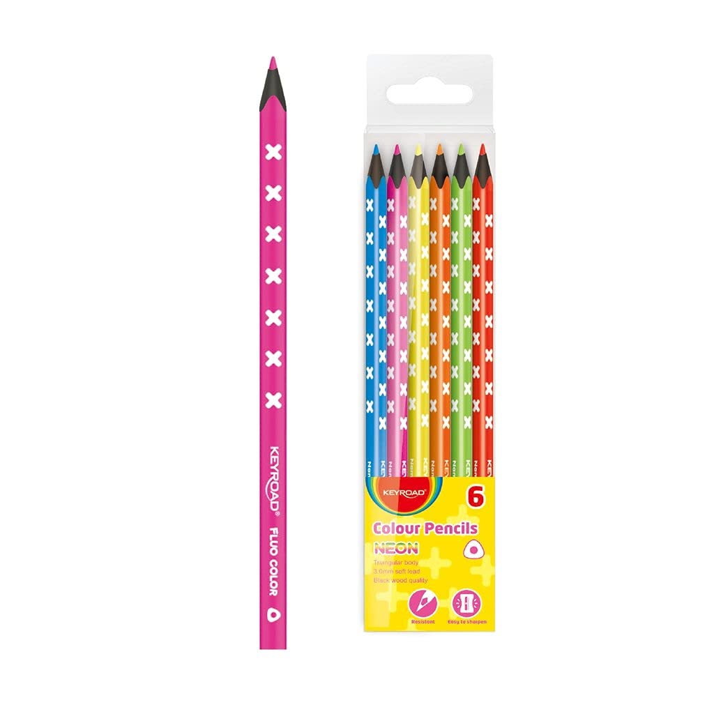 Keyroad KR971870 Neon Triangular Coloured Pencils - Pack of 6 / Mixed Colours/Adults and Children/Black Wood/Hanging Hole