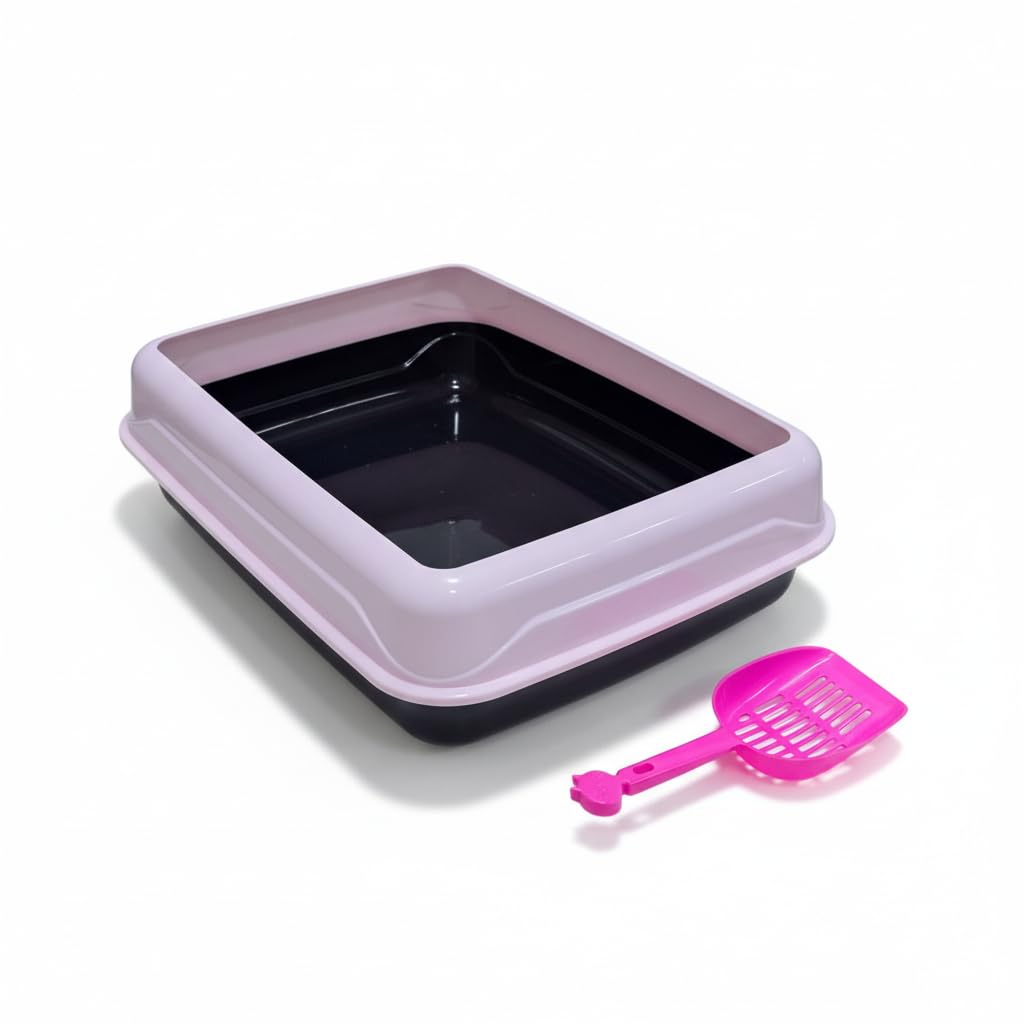 Cat Litter Box + Matching Scoop (Baby Pink & Black, Square)