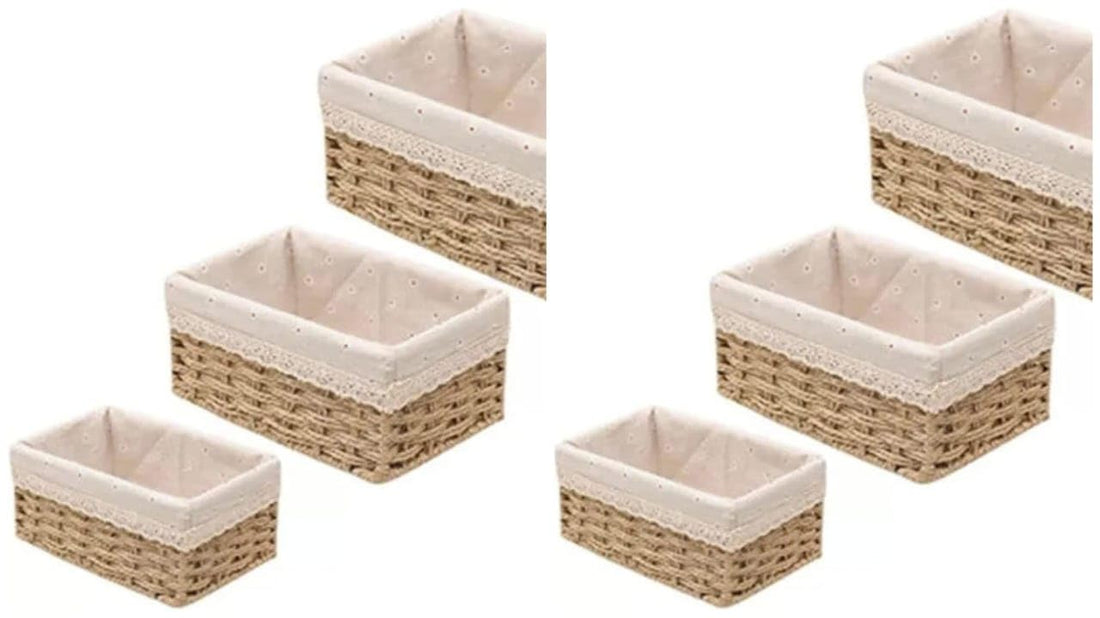 3-Piece Rattan Organizer Basket Set – Elegant Woven Wicker Baskets with Fabric Interior | Ideal for Laundry, Home Décor, Bathroom Storage, or Gift Giving (Two sets (6 pieces))