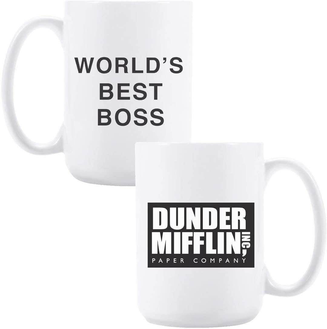 Pousutong Coffee Mug With Dunder Mifflin,The -World?s Best Boss-15 oz Funny Ceramic Coffee/Tea/Cocoa Mug-Unique Coffee Cup&Present Idea for Male/Female/Bosses/Coworkers