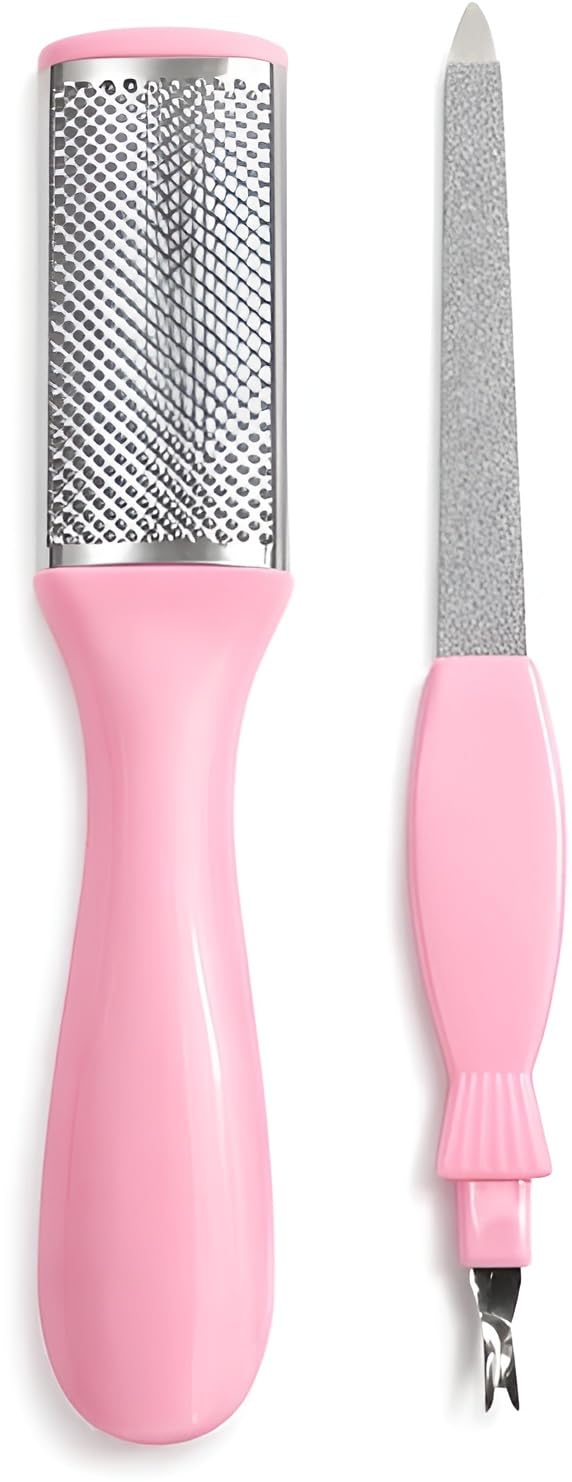 Stainless Steel Foot File Callus Remover with Nail File, Double-Sided Foot Rasp Scrubber for Dead Skin Removal, Pedicure Foot Scraper and Foot Sander Tool (Pink)