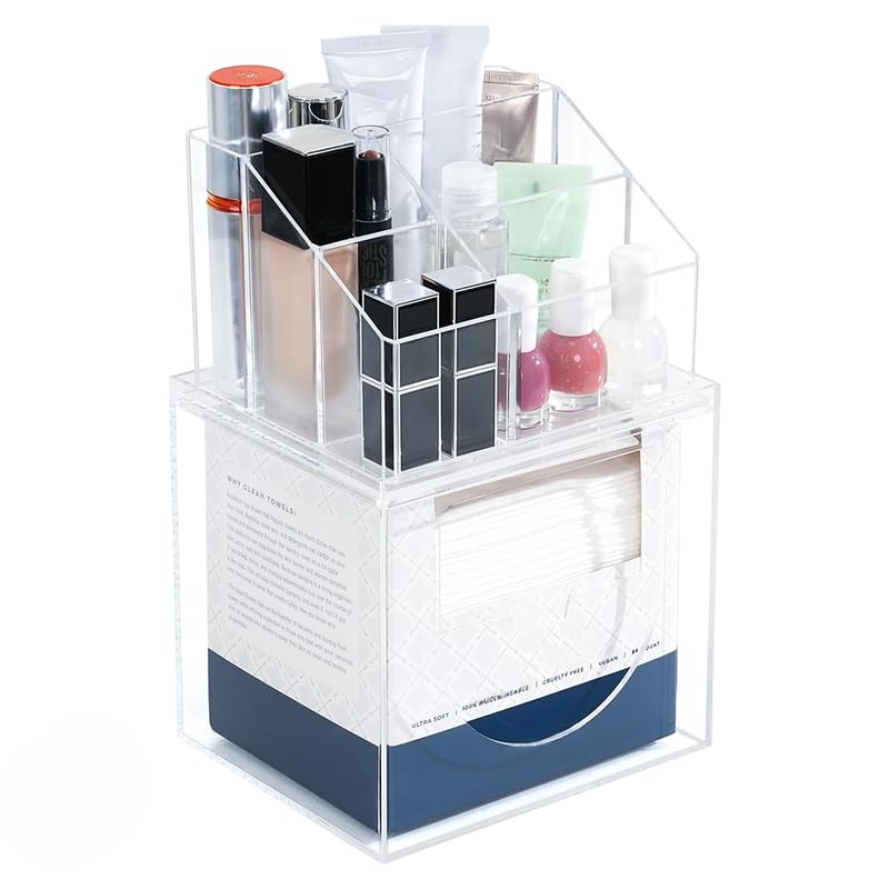 BEST MEDIA Clear Acrylic 2-in-1 Disposable Face Towel Holder, Wall Mount & Countertop Storage Box Compatible with Clean Skin Club XL, Hygienic Facial Tissue and Makeup Organizer for Bathroom.
