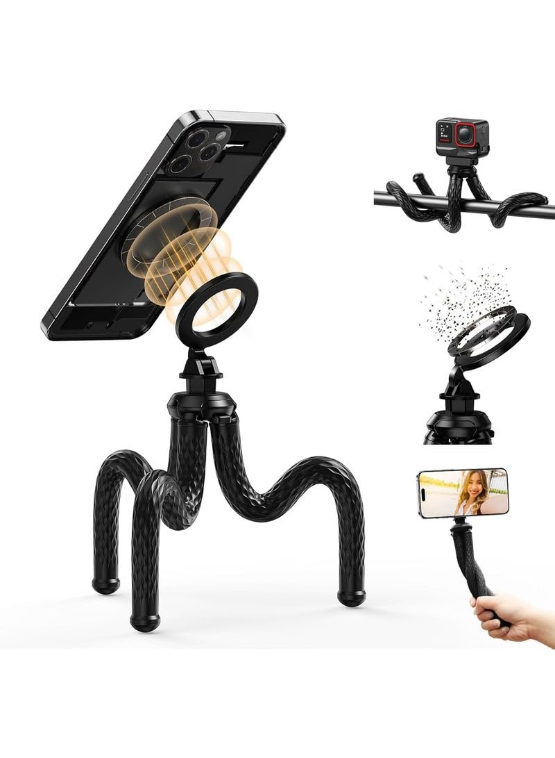 Magnetic Flexible Phone Tripod, Mini Tripod Stand for Magsafe Phones, Bendable Stroller Treadmill Tube Bike Motorcycle Phone Holder Selfie Stick for Video Recording for iPhone Android Phones