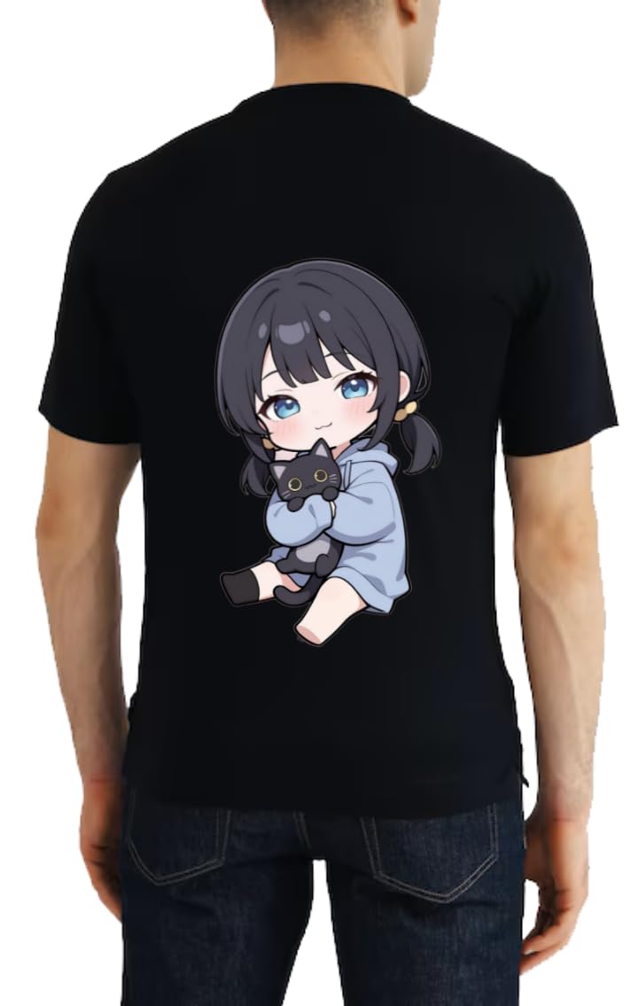 Cute Anime Girl With A Black Cat T-shirt back Black