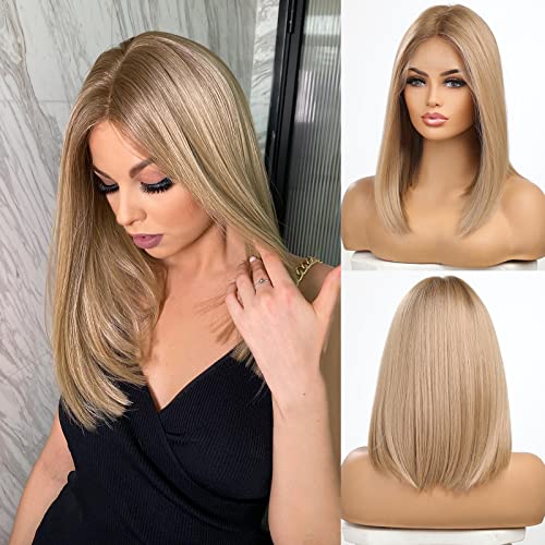 ECIF Middle Part Ash Blonde Lace Front Wig Ombre Straight Shoulder Length, Bob Wig Natural Hairline Ombre Blonde Wigs For Women 18 Inches