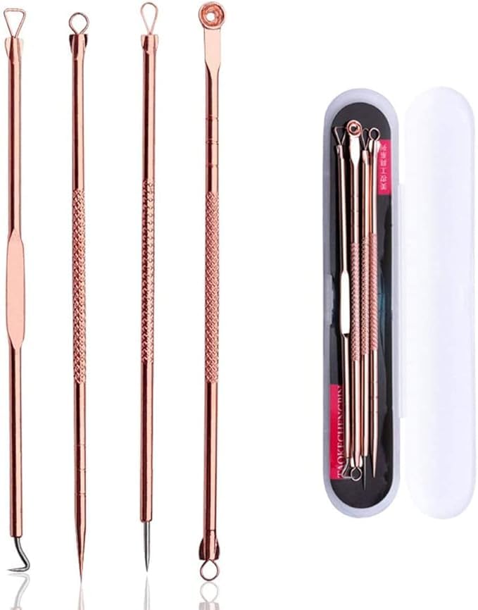 Blackhead & Pimple Remover Tool - Best Acne Removal Kit - Blemish Treatment Whitehead Skin Remover for Nose Skin Risk Free with Bag (Rose - Set of 4)