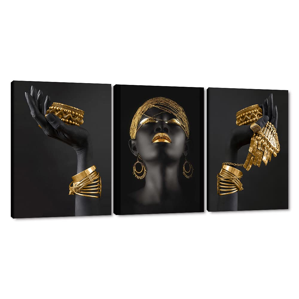 MAMAGO Canvas Wall Art Painting African Woman Pictures Modern Gold Black Woman Holding Gold Jewelry Posters Prints Artwork Home Decor for Living Room Bedroom Office Framed - 12"x16"x3pcs