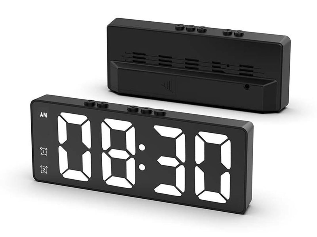 ECVV Digital Alarm Clock, LED Display Mirror Clock, Sound Control Dual Alarm Clocks, Modern Electronic Clock for Bedroom Living Room Office Batteries/USB cable (Black)