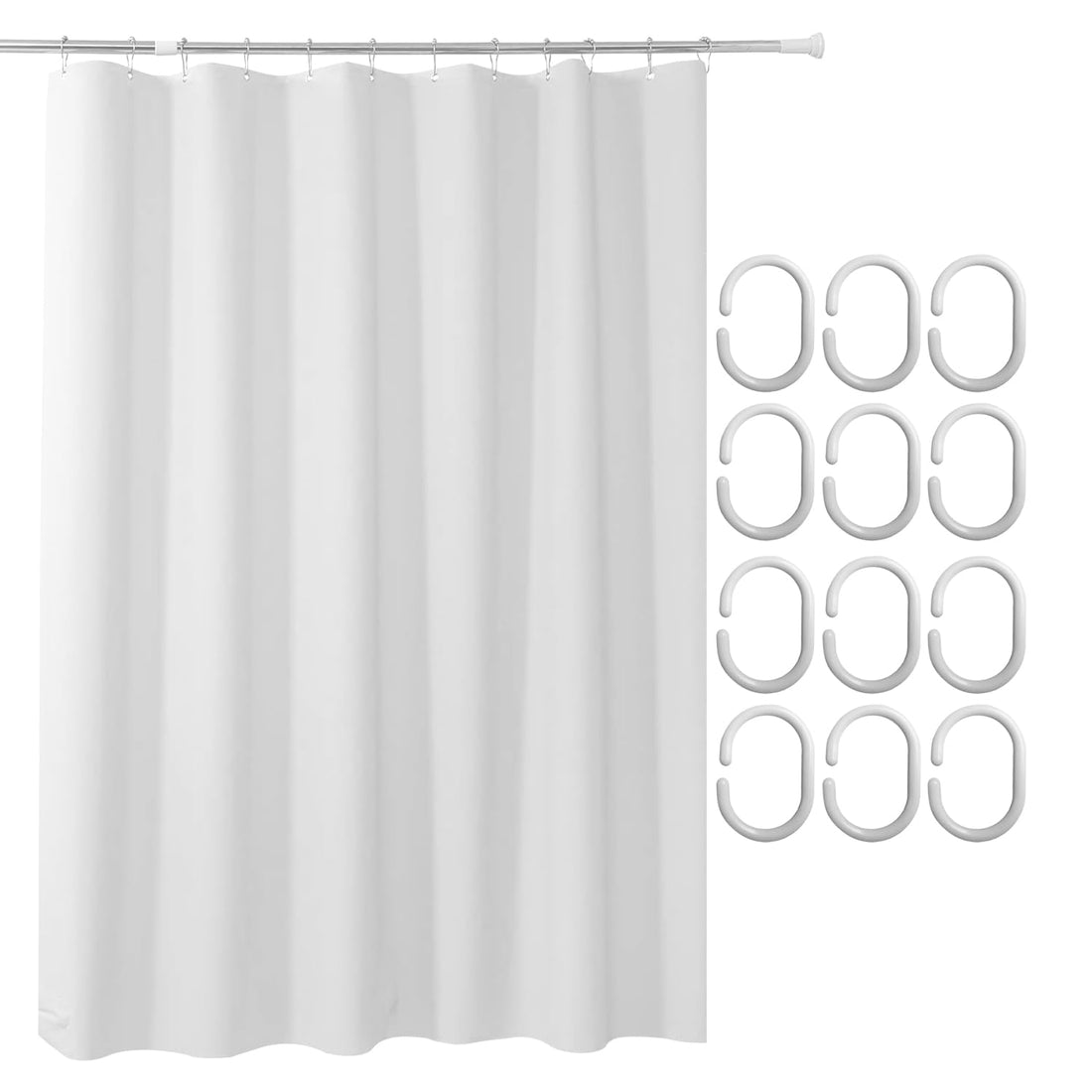 Bathroom Curtains, Shower Curtain. 180 × 180 cm Anti-Fungal and Waterproof Bathroom Curtain with Metal Eyelets and 12 Hooks, Easy to Install, Machine Washable, for Home, Hotels, Home (White)