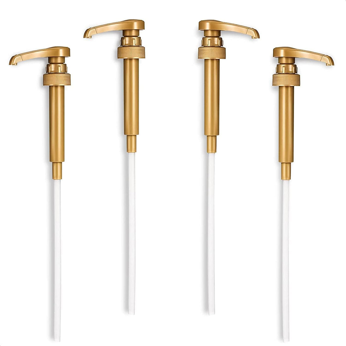 Tazweeq 4Pcs Gold Syrup Pump Dispenser, Skinny Pumps for 750ml / 25.4oz Bottles, Coffee Bar Bottle Accessory for Flavored Drinks