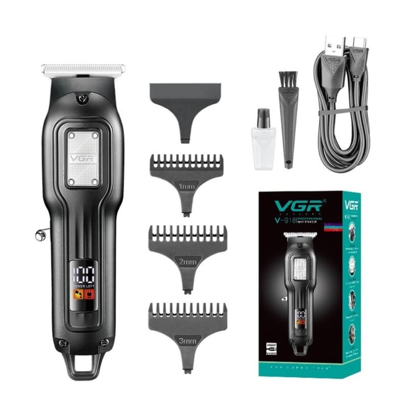 Vgr V-918 Digital Display Professional Cordless Hair Clippers Cutter Rechargeable Wireless Hair Grooming Set Beard Trimming Beard Styling Rechargeable Li-Ion Battery 600Mah 100 Mins Runtime - Black