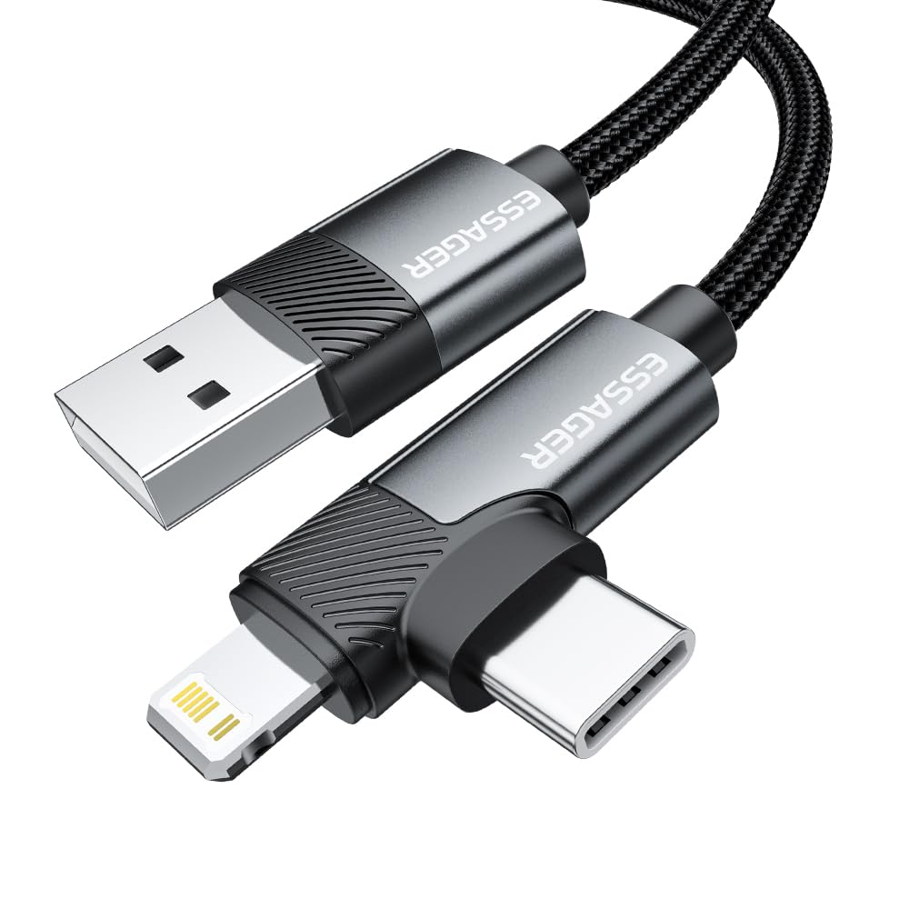 ESSAGER USB-A to USB-C + iPhone-Compatible Port Dual Connector Cable (3A Fast Charging) – Durable Nylon Braided – for iPhone, iPad, Samsung, Huawei & More (1 Meter)