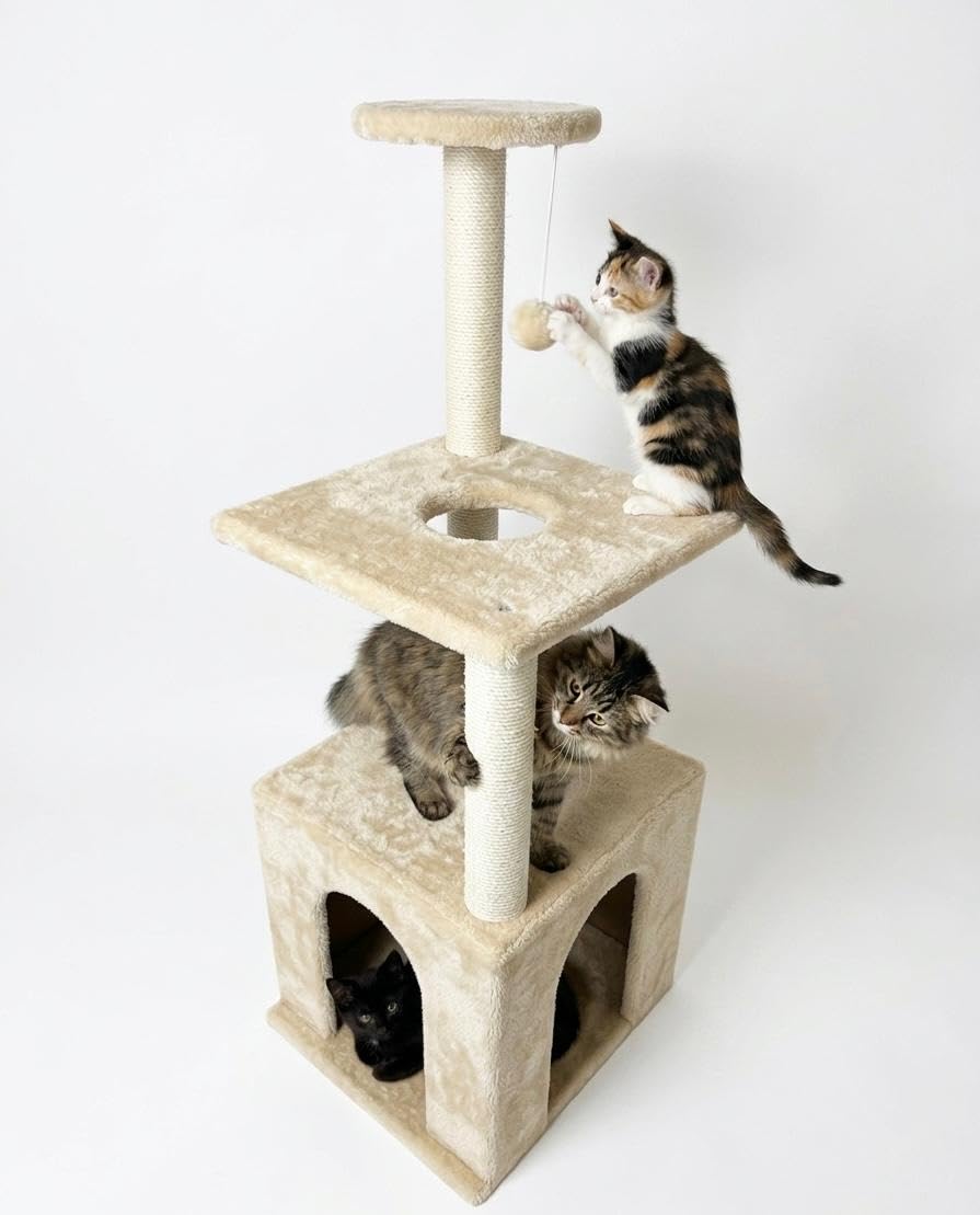 Cat Tree, 90cm Cat Scratching Post, Multi-Level Stable Cat Tower with Cat House, Cat Tree for Indoor Cats for Climbing Playing and Relaxation