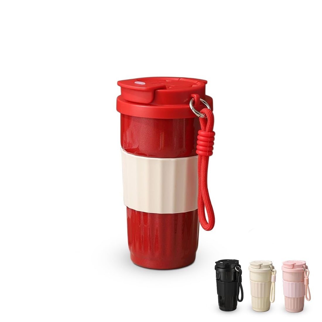 Mug with Straw Lid, 500 Ml Vacuum Insulated Stainless Steel Tumbler with Carry Handle, Leak-Resistant Travel Cup for Coffee, Tea, Car and Office, F-1537 (Red)