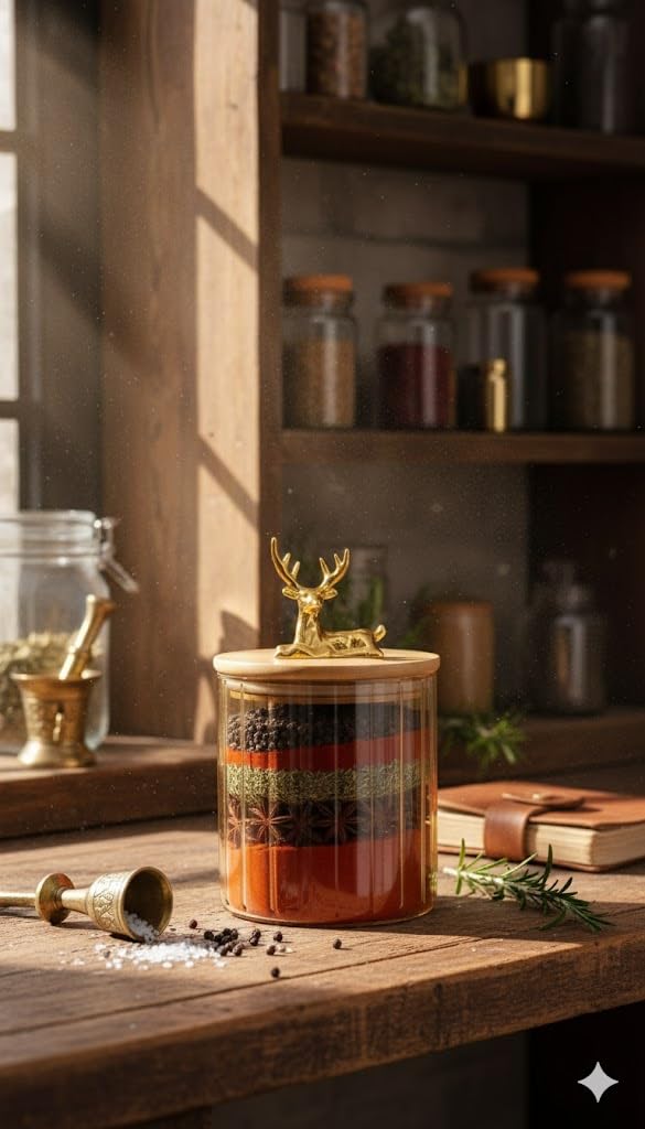 Golden Glade Glass Storage Jar with Deer Topper, Decorative Container for Coffee and Spices, Wooden Lid, (500 Milliliters,small)