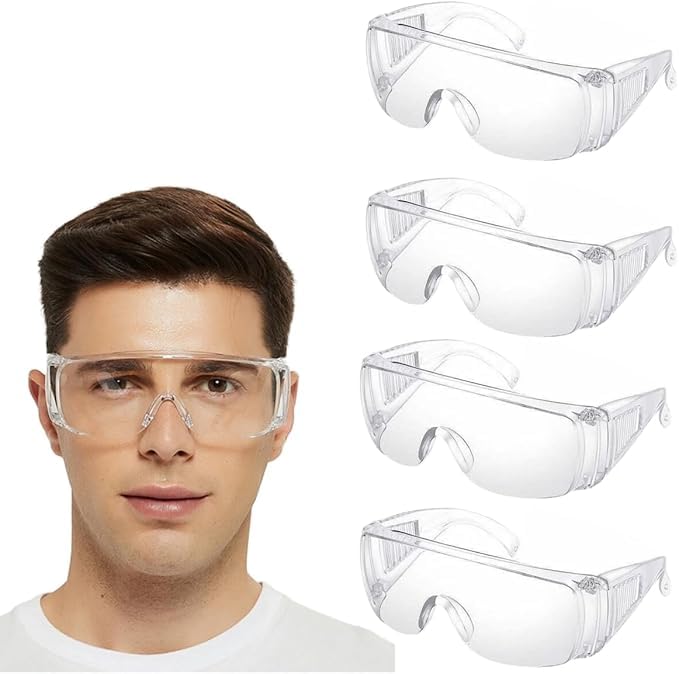 Saffety-Line Safety Glasses, Over Glasses Design, Clear Protective Lens, 4 Pack for Men Women, Over Glasses Goggles Eyewear Eye Protection