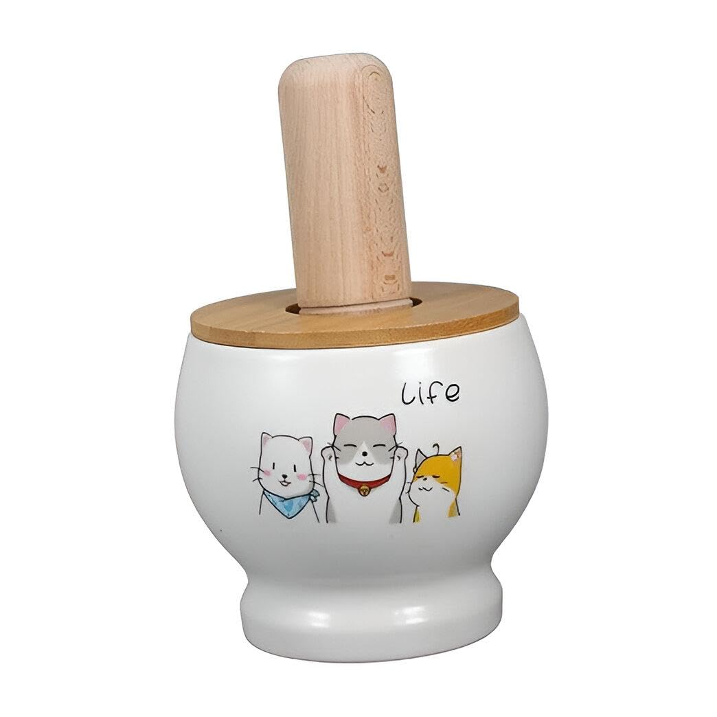 Mortar and Pestle - Multipurpose Porcelain Mortar with Wooden Lid Imported Different Shapes for Crushing Garlic and Other Grinding Tasks in Kitchen