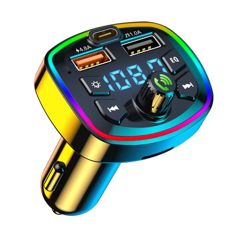 ZCSK Bluetooth 5.0 FM Transmitter Car Radio, QC 3.0 USB A+C Car Charger, PD Charging, Handsfree Calls, Music Audio, Supports U Disk & TF Card, 8 LED, Black