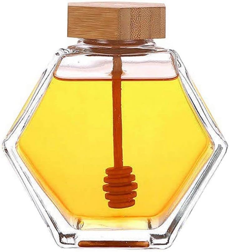 Next Store 220ml Hexagon Glass Honey Jar with Wooden Lid and Dipping Stick, Heat Resistant Honey Dispenser Storage Container, Clear Container for Kitchen Breakfast.