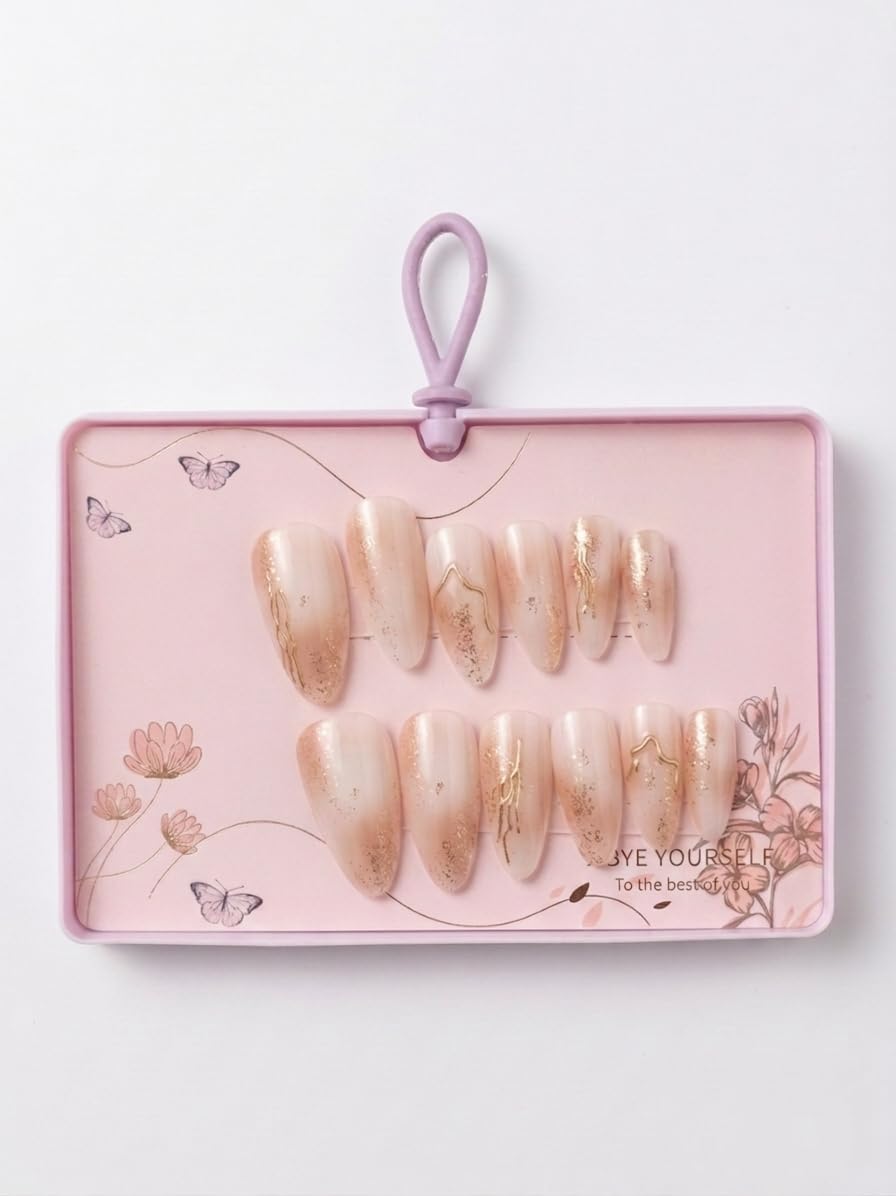 12 Pcs Golden Marble Nail Art Handmade Fake Nails with Double Face Glue