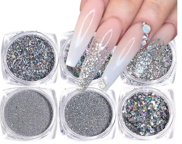 Holographic Nail Art Glitters Nail Art Supplies Sequins 3D Laser Nails Glitter Flakes - Shiny Acrylic Nails Powder Dust - Silver Nail Confetti Nail Art Decoration Sparkles for Manicure Tips 6Pcs